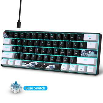 Tastiera da gaming meccanica con interruttori blu, tastiera meccanica da 61 tasti per E-sports, retroilluminata a colori misti, adatta per personalizzare i keycap, con connessione USB-C plug and play, idonea per Windows, PC, per box per giocatori ONE