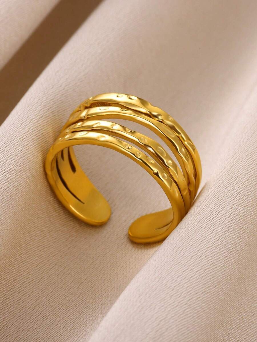 Stainless Steel Hollow Stripe Wide Ring Occident Simple Minimalist Charm Texture Statement Charm Jewelry Women  ﻿