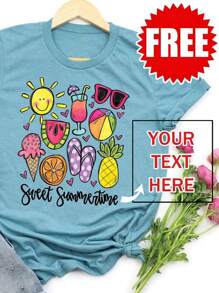 Custom Personalized Summer Vacation Element Pattern Print Fitted Casual Vacation Style Round Neck Short Sleeve Women T-Shirt (Can Customize Various Patterns And Photos, Gift Version) - Mint Blue - View 1