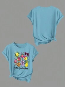 Custom Personalized Summer Vacation Element Pattern Print Fitted Casual Vacation Style Round Neck Short Sleeve Women T-Shirt (Can Customize Various Patterns And Photos, Gift Version) - Mint Blue - View 3