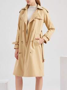 Gabardina Larga Abrigo Elegante Felpa Cruzada De Para Mujer - Beis - Ver 1