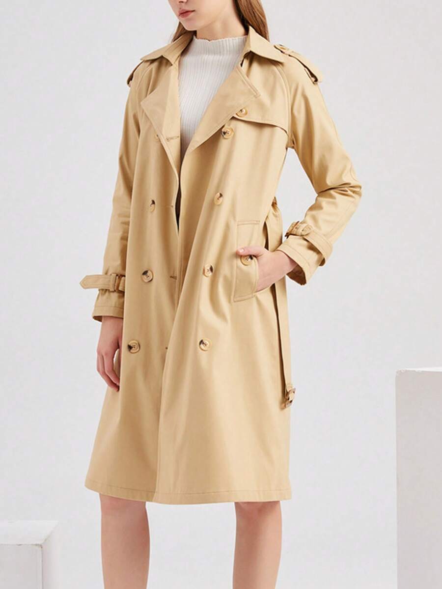 Gabardina Larga Abrigo Elegante Felpa Cruzada De Para Mujer - Beis - Ver 1