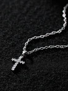 1入歐美風格時尚十字銅立方氧化鋯元素不鏽鋼鍊項鍊 - 銀色 - 查看 2