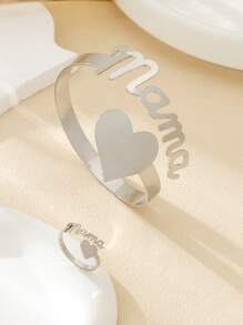 1 套时尚简约“妈妈”字母心形开口手镯和戒指女士首饰套装，非常适合母亲节礼物情人节、妈妈、母亲、母亲节、礼物