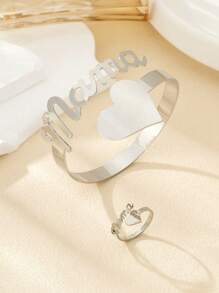 1 套时尚简约“妈妈”字母心形开口手镯和戒指女士首饰套装，非常适合母亲节礼物情人节、妈妈、母亲、母亲节、礼物