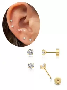 DAILI 2 Pairs 18K Gold Plated Solid Tiny Cubic Zirconia Stud Earrings, 2mm 3mm 4mm Flat Back Stud Earrings Cartilage Earring Helix Piercing Jewelry Earlobe Piercing Jewelry Gift For Women Girls - Yellow Gold - View 15