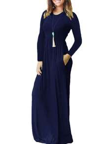 Mujeres de manga larga Maxi Vestido Liso Imperio Cintura Vestido Casual Suelta Otoño / Invierno Vestidos con Bolsillos - Azul Marino - Ver 1