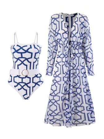 New Arrival Black Starry Printed One-Piece Swimsuit With Fashionable Beach Skirt, One Size, 2pcs/Set With Multiple Wearing Styles Summer