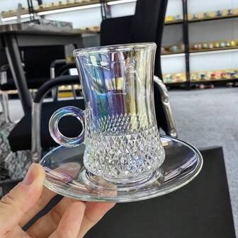 1 套玻璃咖啡杯碟茶杯，带甜点盘，彩色透明，容量 125 毫升