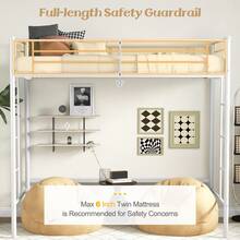 Twin Size Loft Bed Heavy Duty Metal Loft Bed Frame With Safety Guardrail Silver/White/Black - trắng - Xem 3