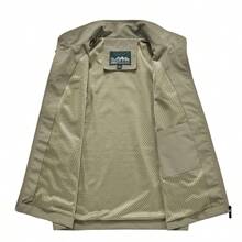 Chaleco utilitario de múltiples bolsillos para hombres de primavera/otoño, chaleco para deportes y actividades al aire libre, pesca y fotografía, chaqueta casual ligera, tops transpirables con cuello de soporte y bolsillos dobles con cremallera - Caqui - Ver 4