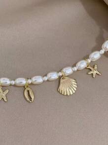 GARMEND 1pc Women's Simple And Fashionable Seashell Starfish Faux Pearl Bracelet For Daily Wear And Beach - Yellow Gold - View 4