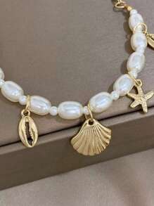 GARMEND 1pc Women's Simple And Fashionable Seashell Starfish Faux Pearl Bracelet For Daily Wear And Beach - Yellow Gold - View 2