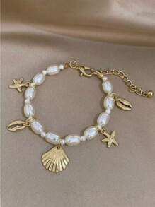 GARMEND 1pc Women's Simple And Fashionable Seashell Starfish Faux Pearl Bracelet For Daily Wear And Beach - Yellow Gold - View 3