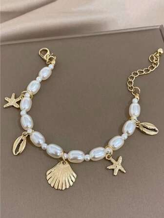 GARMEND 1pc Women's Simple And Fashionable Seashell Starfish Faux Pearl Bracelet For Daily Wear And Beach