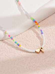 1pc Mixed-Color Rice-Shaped Beaded Heart & Letter Pendant Necklace