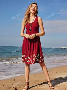 GOOTUCH Women's Summer Floral Print Pleated Casual Tank Dress