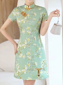 Women's Elegant Floral Print Stand Collar Cheongsam Dress, Summer - Green - View 1