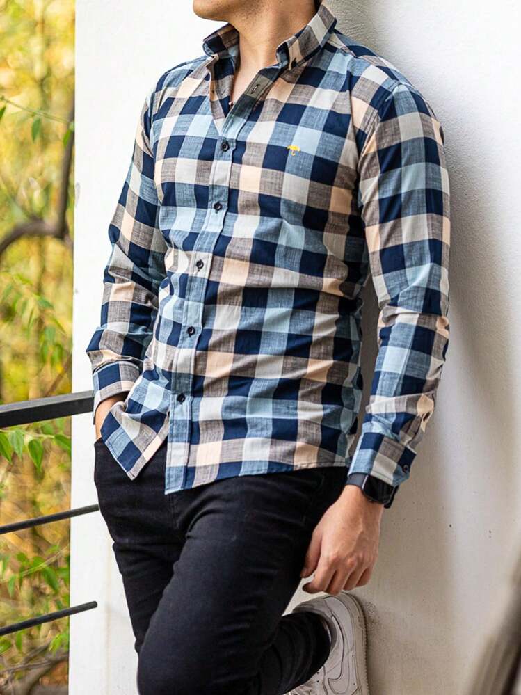 Camisa Hombre Casual Slim Fit Cuadros Marino, Verde, Beige - Azul Marino - Añade 1