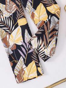 Set da due pezzi per ragazze pre-adolescenti, composto da top senza maniche a costine e pantaloni a gamba ampia con stampa all-over, outfit estivo casual e confortevole - Giallo - Visualizzare 7