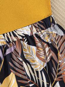 Set da due pezzi per ragazze pre-adolescenti, composto da top senza maniche a costine e pantaloni a gamba ampia con stampa all-over, outfit estivo casual e confortevole - Giallo - Visualizzare 4