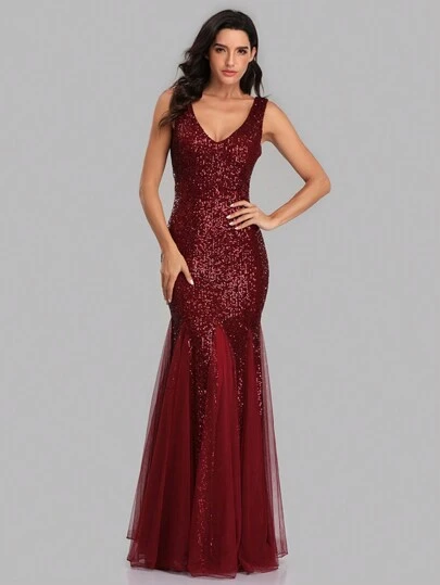 V-Neck Solid Color Sleeveless Sequin Splicing Mermaid Bridesmaid Dress