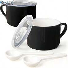 Set Of 2 Wareland Soup Bowls With Handles & Spoons, 30oz Ceramic Ramen Bowl With Lid, Large Soup Mugs/Cups For Instant Noodle, Big Cereal Bowls For Oatmeal, Soup Containers With Lids - Black - View 2
