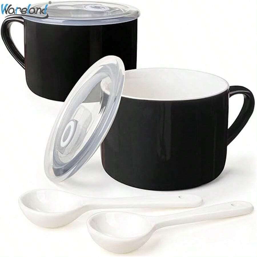 Set Of 2 Wareland Soup Bowls With Handles & Spoons, 30oz Ceramic Ramen Bowl With Lid, Large Soup Mugs/Cups For Instant Noodle, Big Cereal Bowls For Oatmeal, Soup Containers With Lids