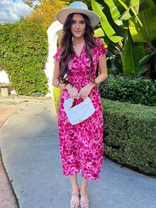 GOOTUCH V-Neck Batwing Sleeve Elastic Waist Long Dress - Pink - View 6