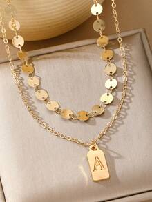 VKME 1入單金屬（環保材料）波西米亞風格優雅高貴感字母A圓形亮片多層項鍊女士日常佩戴 - 金黃色 - 查看 2