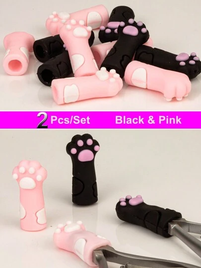 2入組黑色粉色貓爪矽膠剪刀套，保護甲油修剪工具套，剪刀、修剪器、鉗子、推棒等