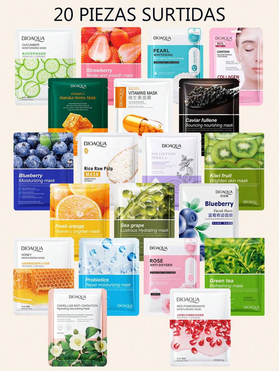 20 Mascarillas Faciales Para El Rostro Coreanas De Tela Hidratantes Surtidas - Multicolor - Ver 1