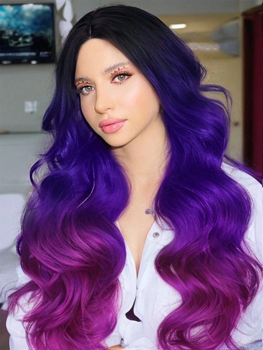 26 Inch Puple Body Wave Wig Middle Part Synthetic Hair Wigs Long Ombre