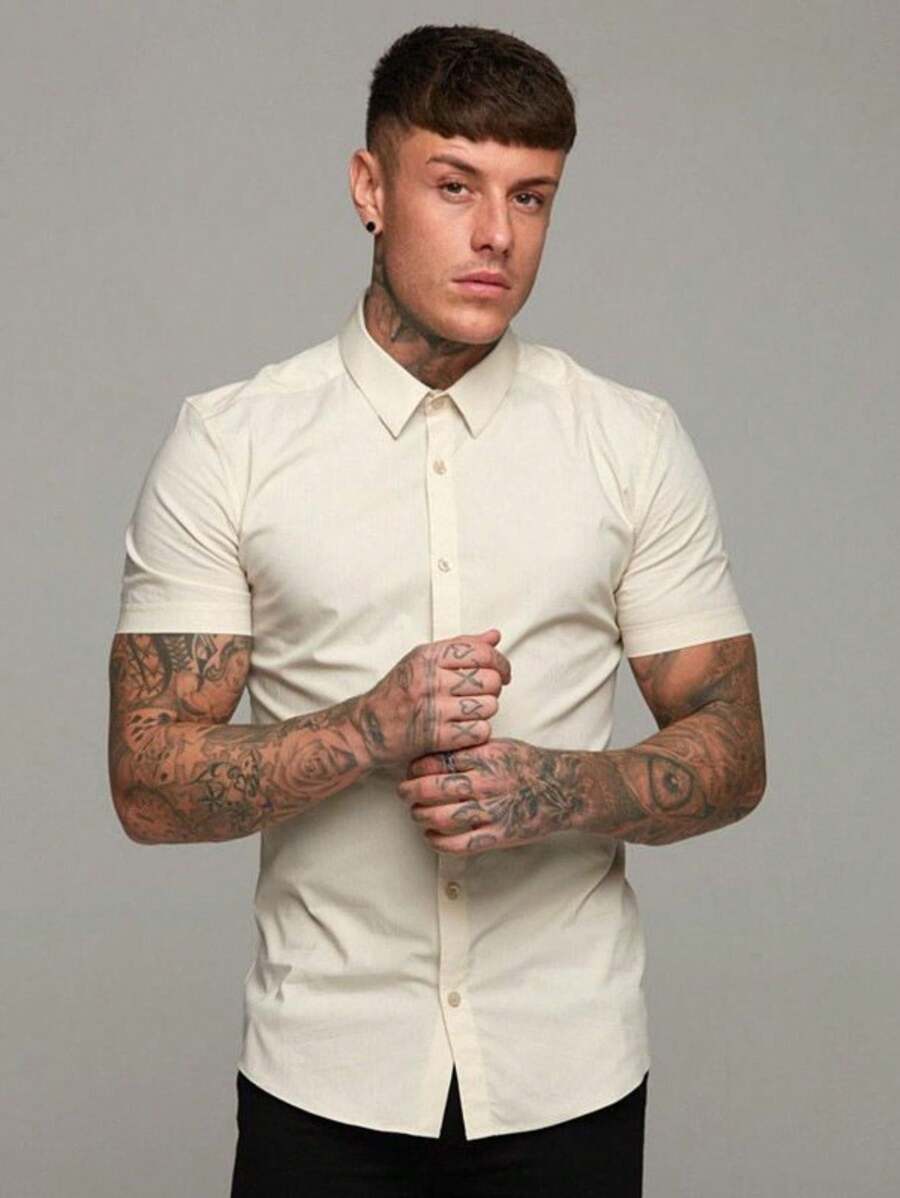 Men Denim Shirts - 卡其色 - 查看 1