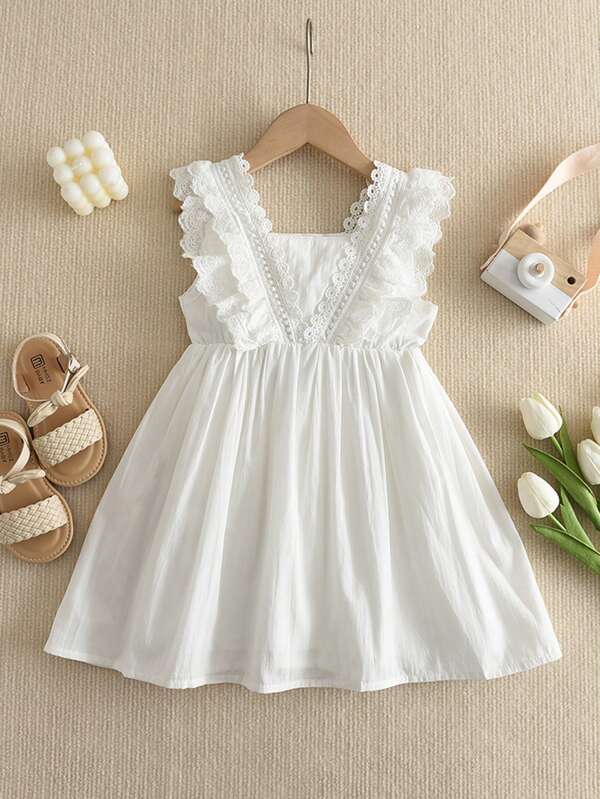 Young Girls Fashionable Lace Sleeveless Princess Vacation Dress, Summer