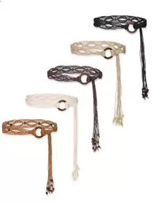 Plus Size Woven Belt, Women's Bohemian Style Woven Belt, Vintage Wax Rope Handmade Wooden Ring Hollow Woven Belt, Black, Camel, Khaki Woven Belt, Suitable For Outdoor Dresses - Multicolor - View 9