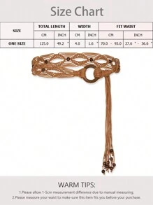 Plus Size Woven Belt, Women's Bohemian Style Woven Belt, Vintage Wax Rope Handmade Wooden Ring Hollow Woven Belt, Black, Camel, Khaki Woven Belt, Suitable For Outdoor Dresses - Multicolor - View 4