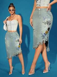 Women's Fashionable Mid-Length Denim Skirt With Embroidery And Washed Design - Light Wash - View 1