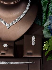 1 Bộ trang sức trang trí hình kim cương Cubic Zirconia tuyệt đẹp Thích hợp cho diện mạo hàng ngày của phụ nữ - Bạc - Xem 4