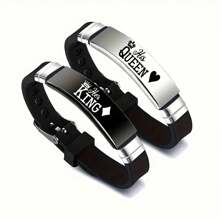 2pcs His And Hers King Queen Crown Romantic Couple Bracelets, Adjustable Size Stainless Steel Silicone Bracelets, Gift For Parties And Festivals