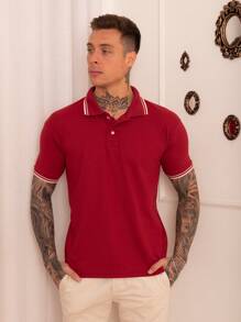 Lucky Star Modas Men's Striped Polo Shirt Piquet Knit - Burgundy - View 2