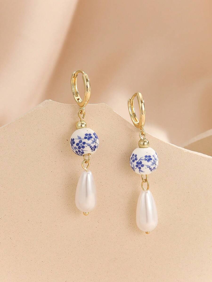 1 Pair Vintage Chinese Style Blue Floral Printed Faux Pearl Ceramic Dangle Earrings, Copper Imitation Blue And White Porcelain Ear Accessory For Women's Daily Wear - Nhiều màu B - Xem 1