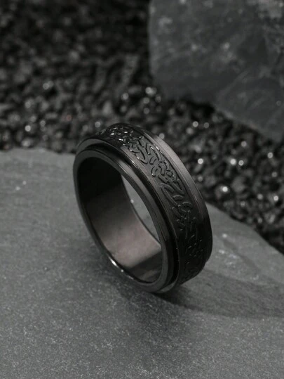 1pc Black Spin Ring Anxiety Ring Retro Pattern Back To School Men's Ring Punk Gothic Style Suitable For Everyday Wear Friends Party