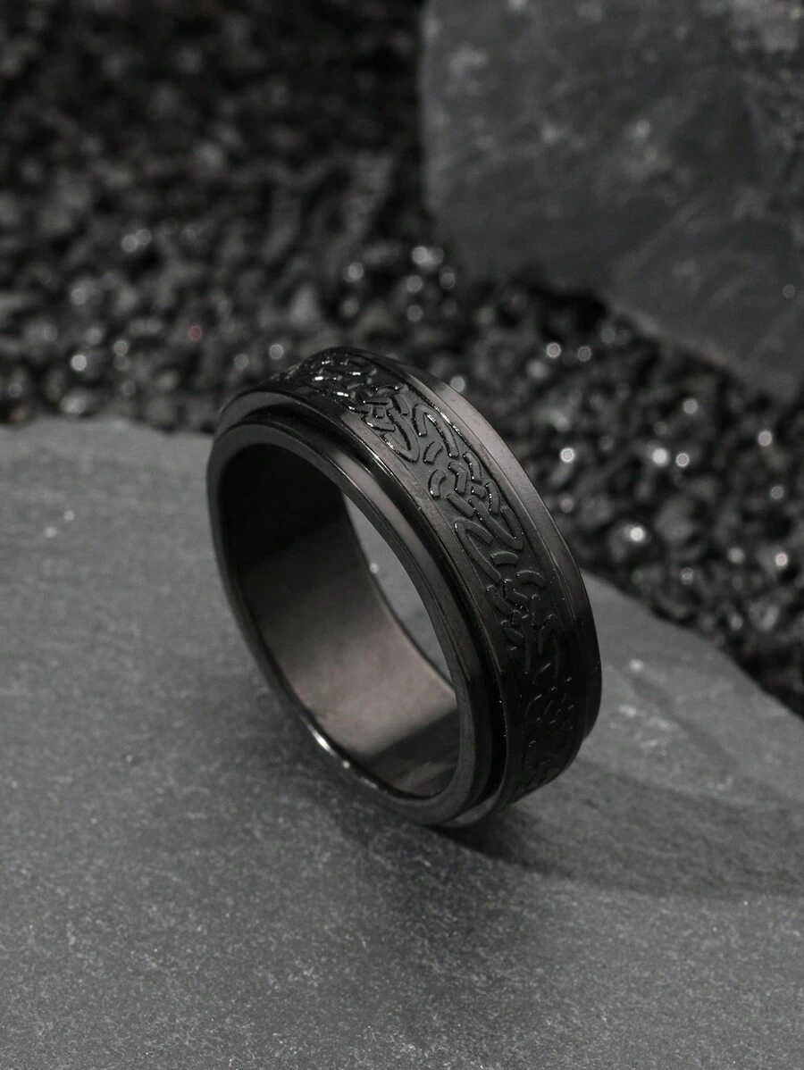 1pc Black Spin Ring Anxiety Ring Retro Pattern Back To School Men's Ring Punk Gothic Style Suitable For Everyday Wear Friends Party - Black - View 1