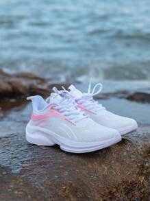 Women's Fashionable Lace-Up Breathable Walkinig Flat Sneakers, Lightweight And Comfortable White Sports Shoes