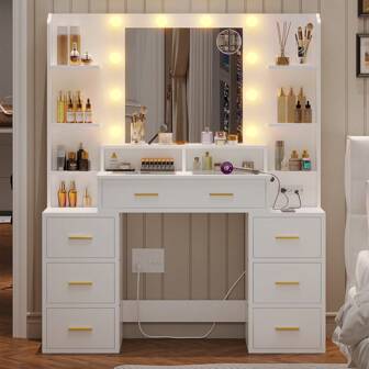 Vanity Desk With Lighted Mirror, Makeup Vanity Table With Charging Station And Drawers, White
