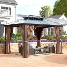 AOXUN 10x12FT Outdoor Polycarbonate Gazebo, Heavy Duty Double Roof Hardtop Gazebo With Aluminum Frame And Netting And Curtains For Patios - Brown - View 1