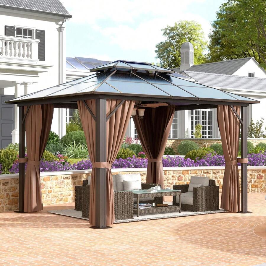 AOXUN 10x12FT Outdoor Polycarbonate Gazebo, Heavy Duty Double Roof Hardtop Gazebo With Aluminum Frame And Netting And Curtains For Patios - Brown - View 1