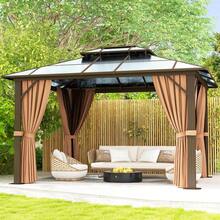 AOXUN 10x12FT Outdoor Polycarbonate Gazebo, Heavy Duty Double Roof Hardtop Gazebo With Aluminum Frame And Netting And Curtains For Patios - Brown - View 2