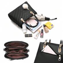 Womens Fashion Leather Handbags Quilted Purses Top-Handle Totes Satchel Bag For Ladies Shoulder Bag For Women With Pompom